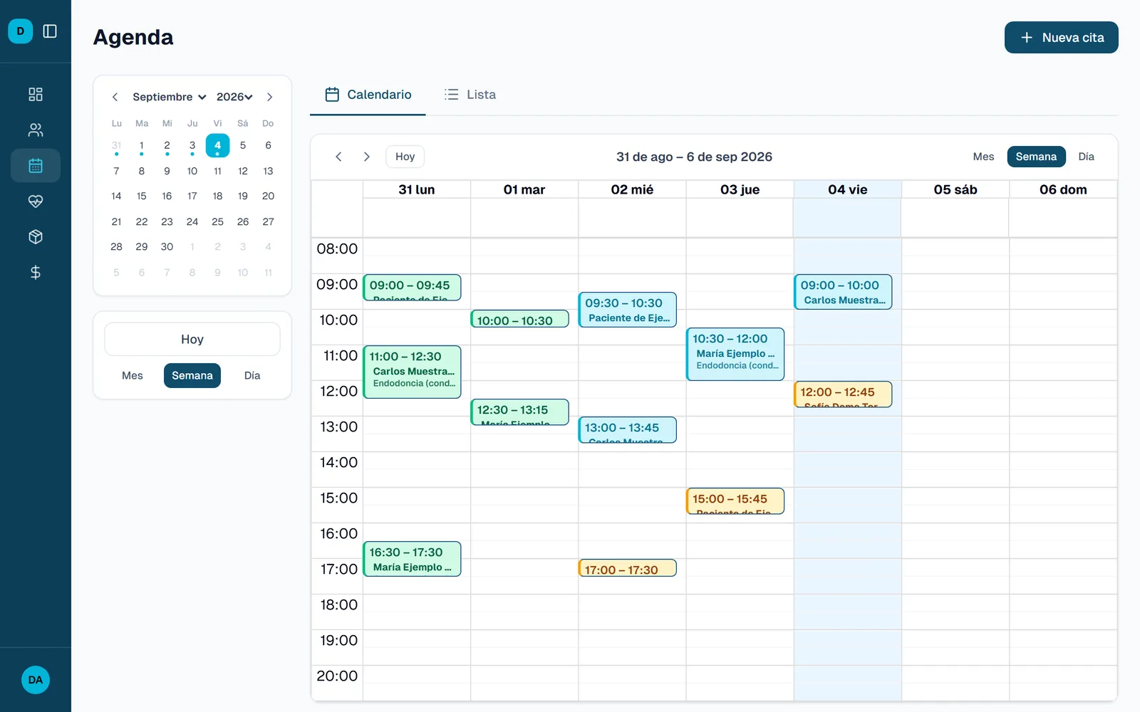 Vista semanal de la agenda de DENTO, con las citas distribuidas por hora y coloreadas según su estado